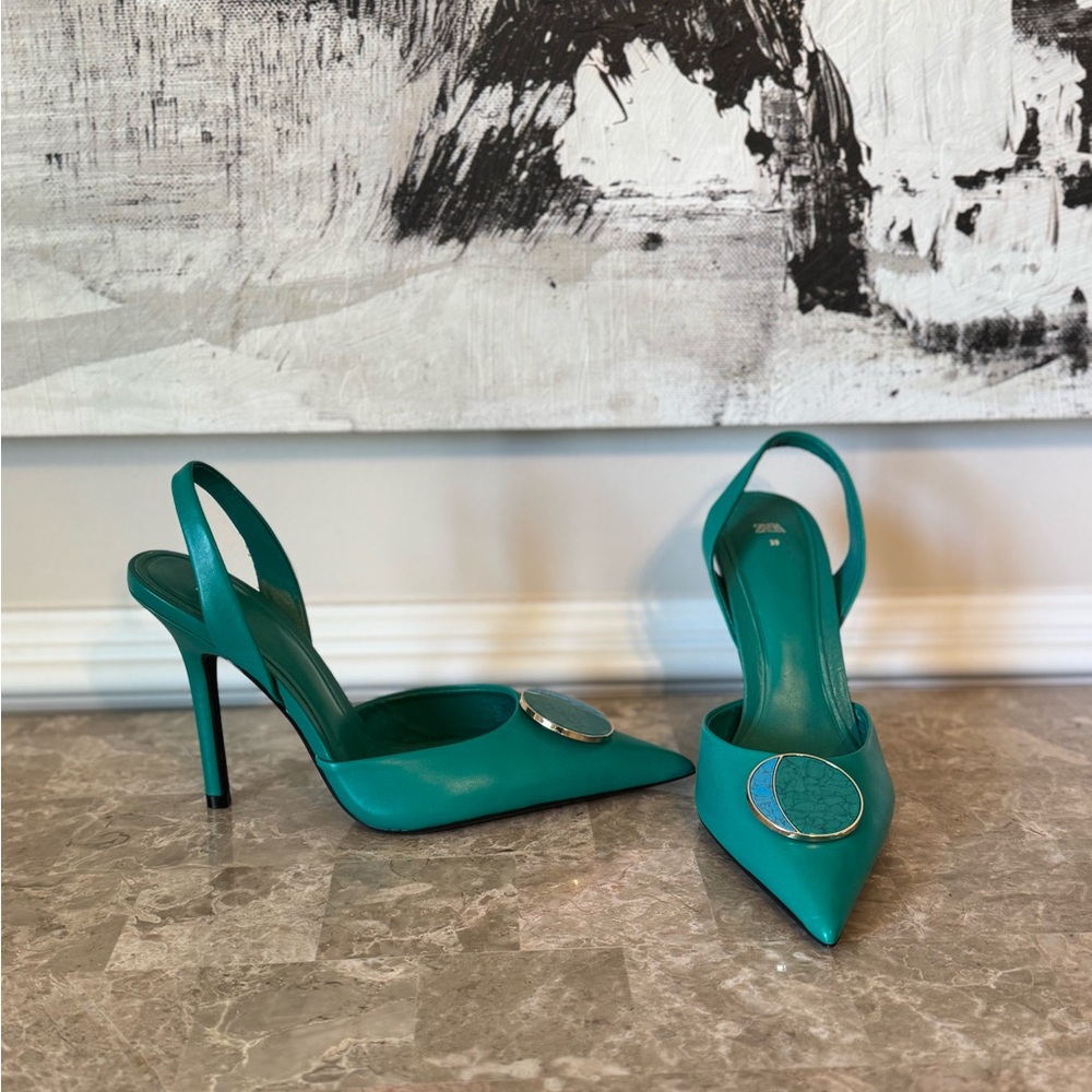 Zara Teal Pointed Slingback Heels
